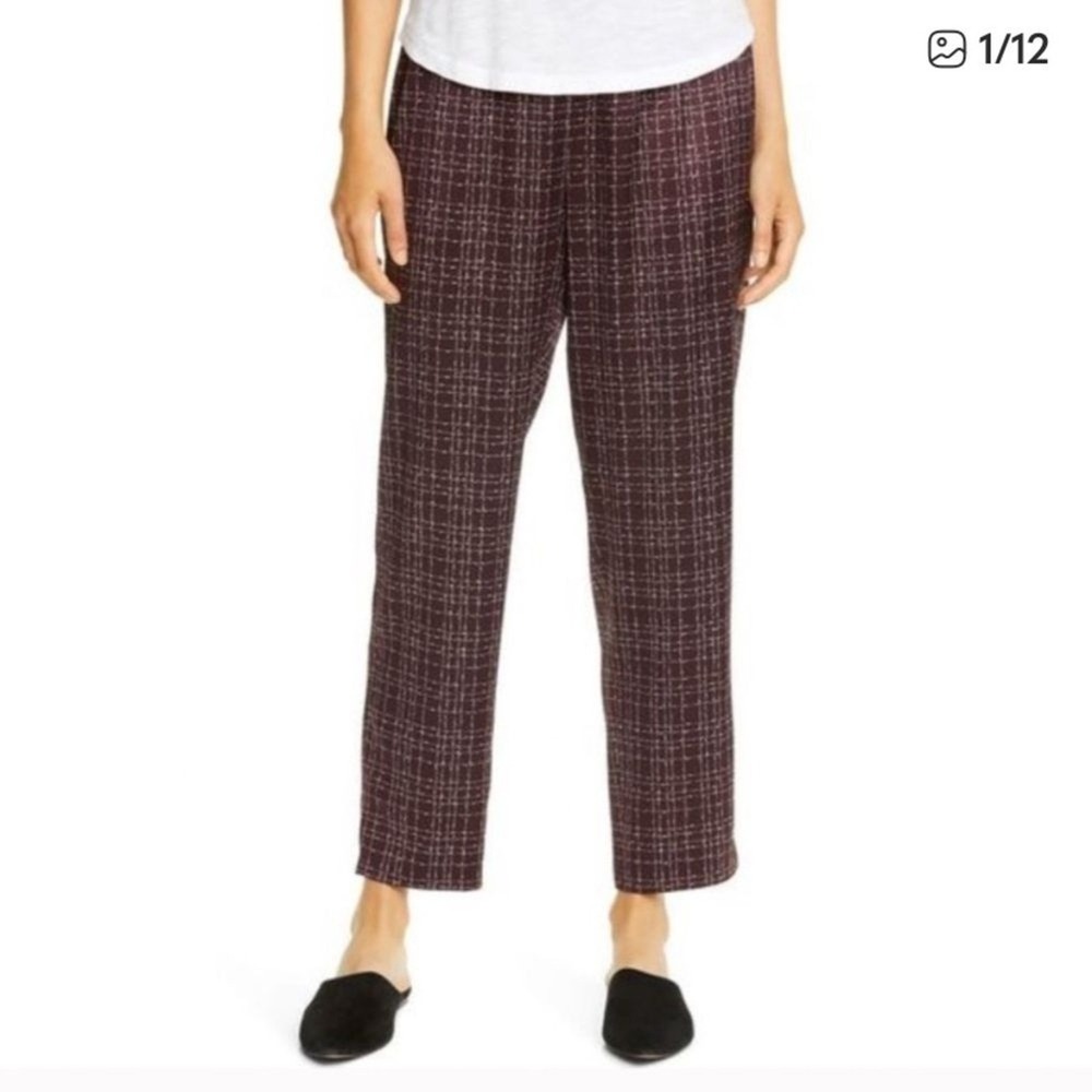 Eileen‎ Fisher Ankle Pants Large Petite  Women's Silk Purple Checkered